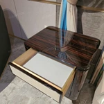 Striped Natural Wood Veneer Nightstand with Woven Leather Accents